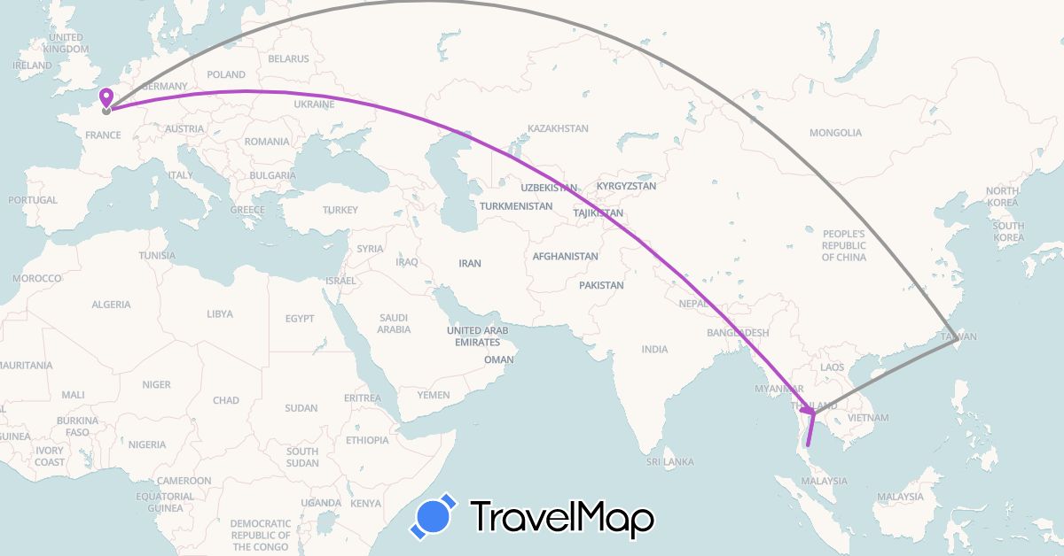 TravelMap itinerary: driving, plane, train in France, Thailand, Taiwan (Asia, Europe)